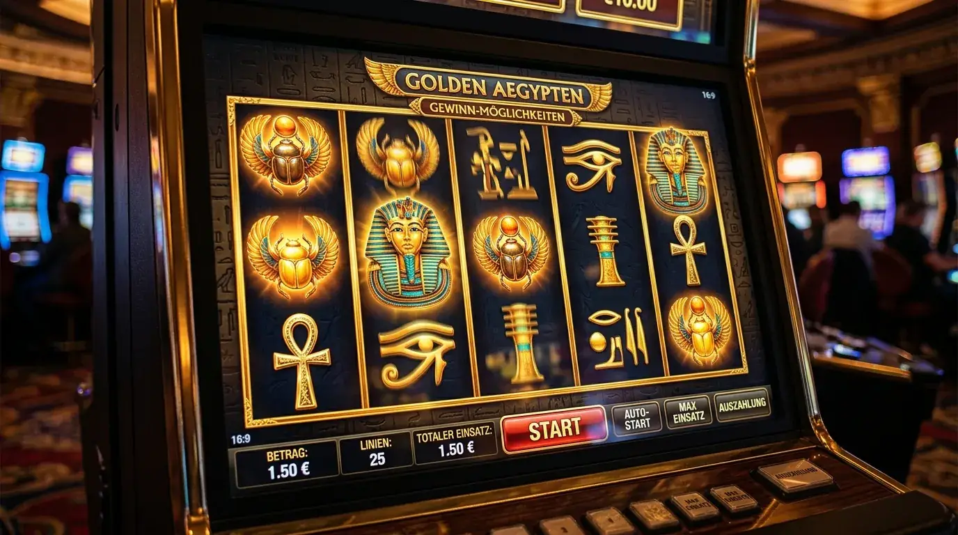 Goldene Symbole auf den Walzen eines ägyptischen Spielautomaten