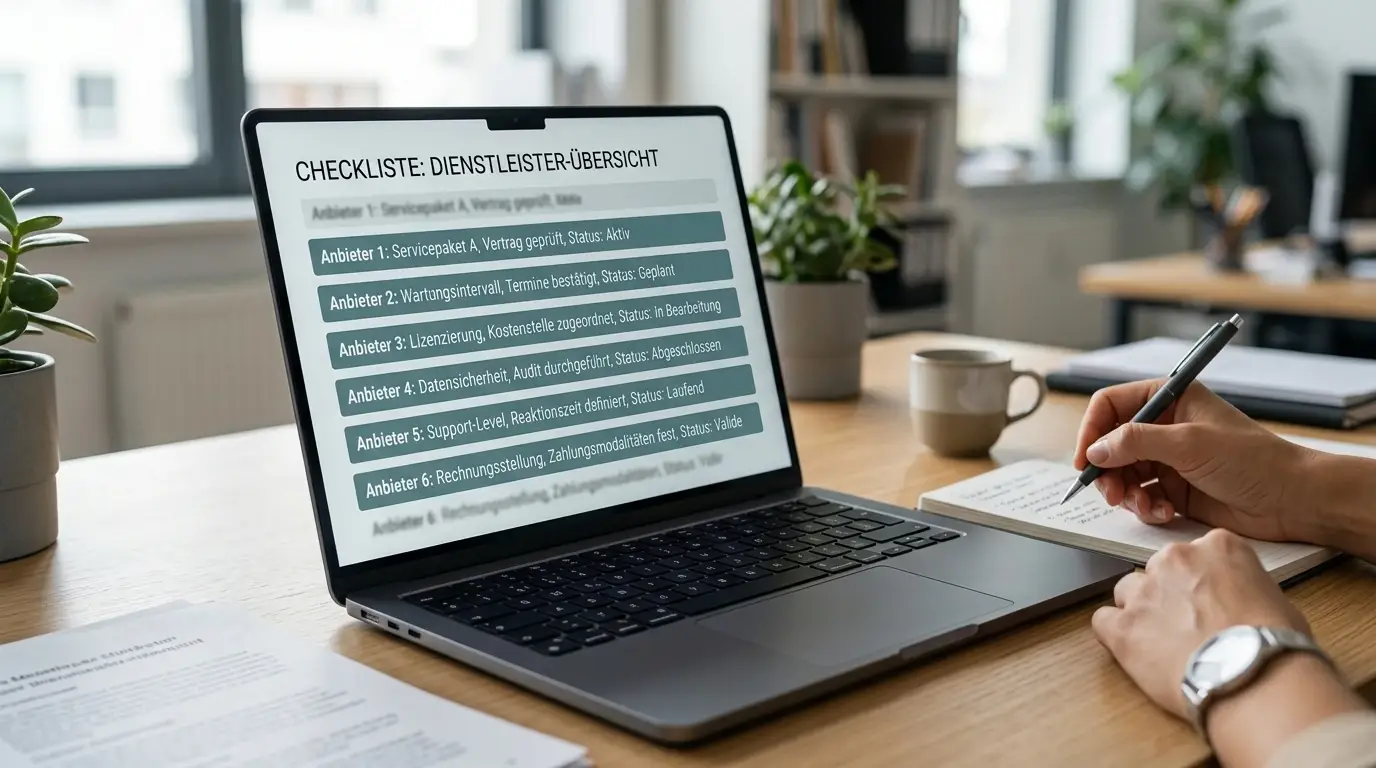 Laptop mit neutraler Anbieterübersicht und sechs markierten Prüffeldern ohne erkennbare Marken