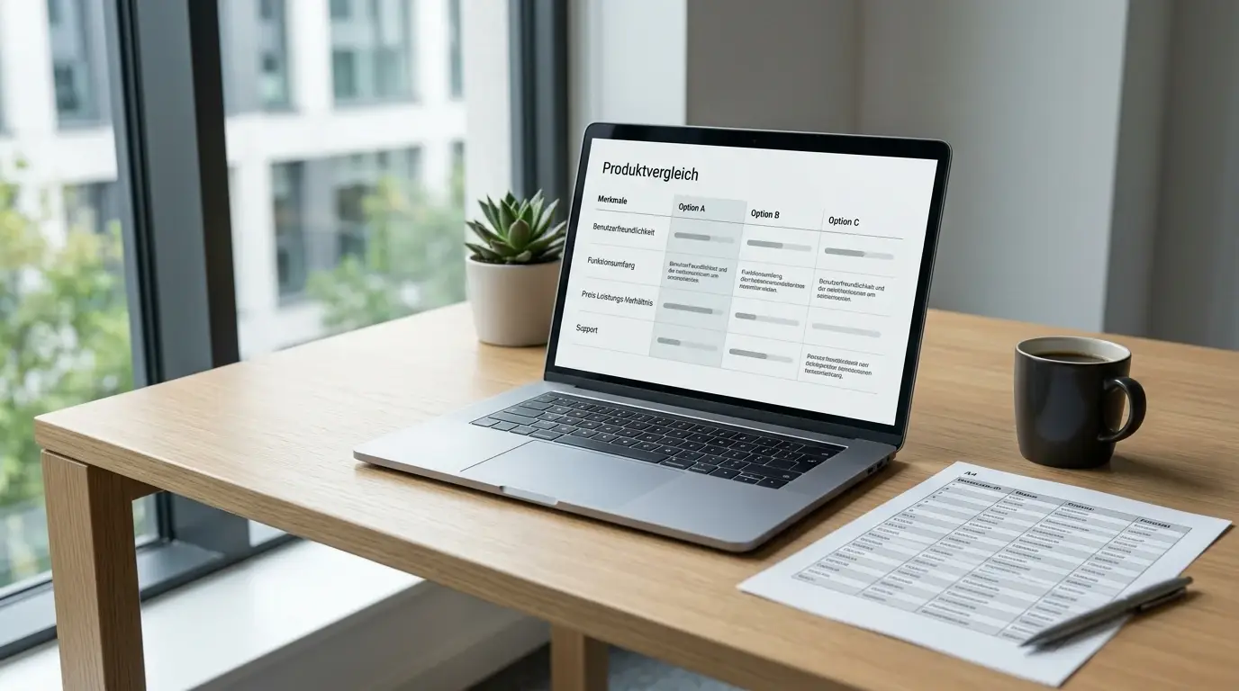 Aufgeräumter Schreibtisch mit Laptop und einer Vergleichsliste deutscher Casino-Anbieter