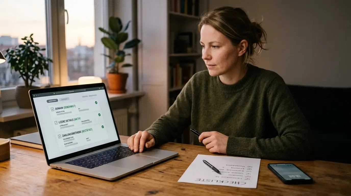 Person gleicht neutrale Domain-, Lizenz- und Zahlungsangaben auf einem Laptop ab