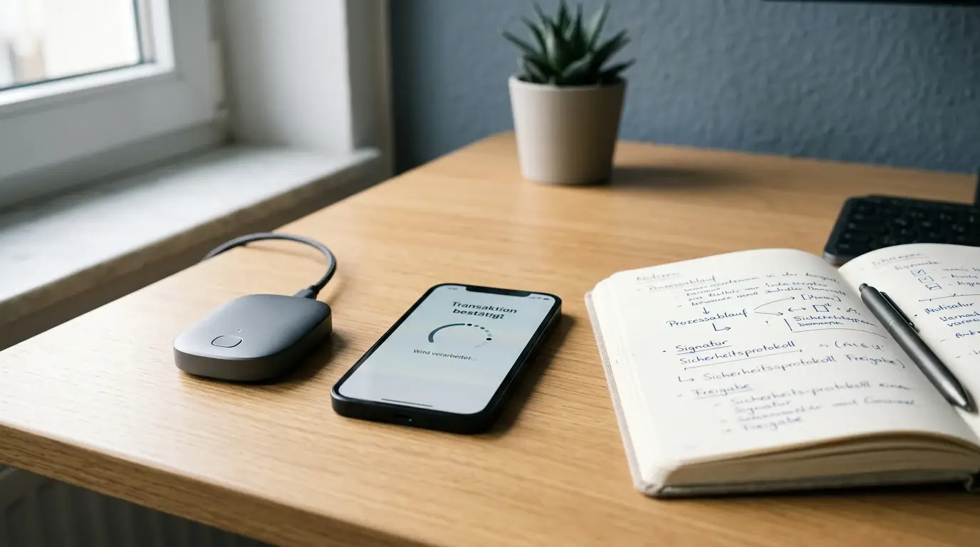 Schreibtisch mit Hardware-Wallet, Smartphone mit Transaktionsansicht und aufgeschlagenem Notizbuch
