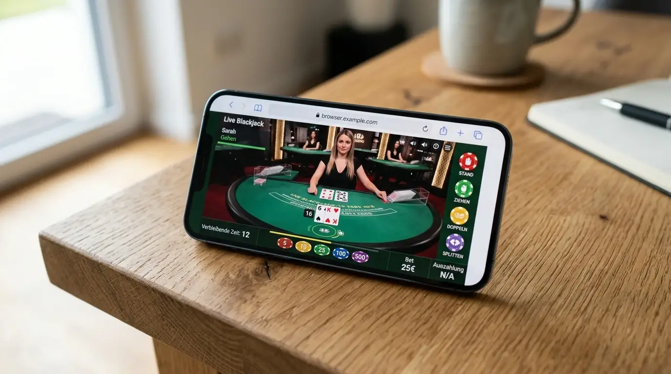 Smartphone mit Live-Blackjack-Tisch in mobiler Browser-Ansicht auf Tisch