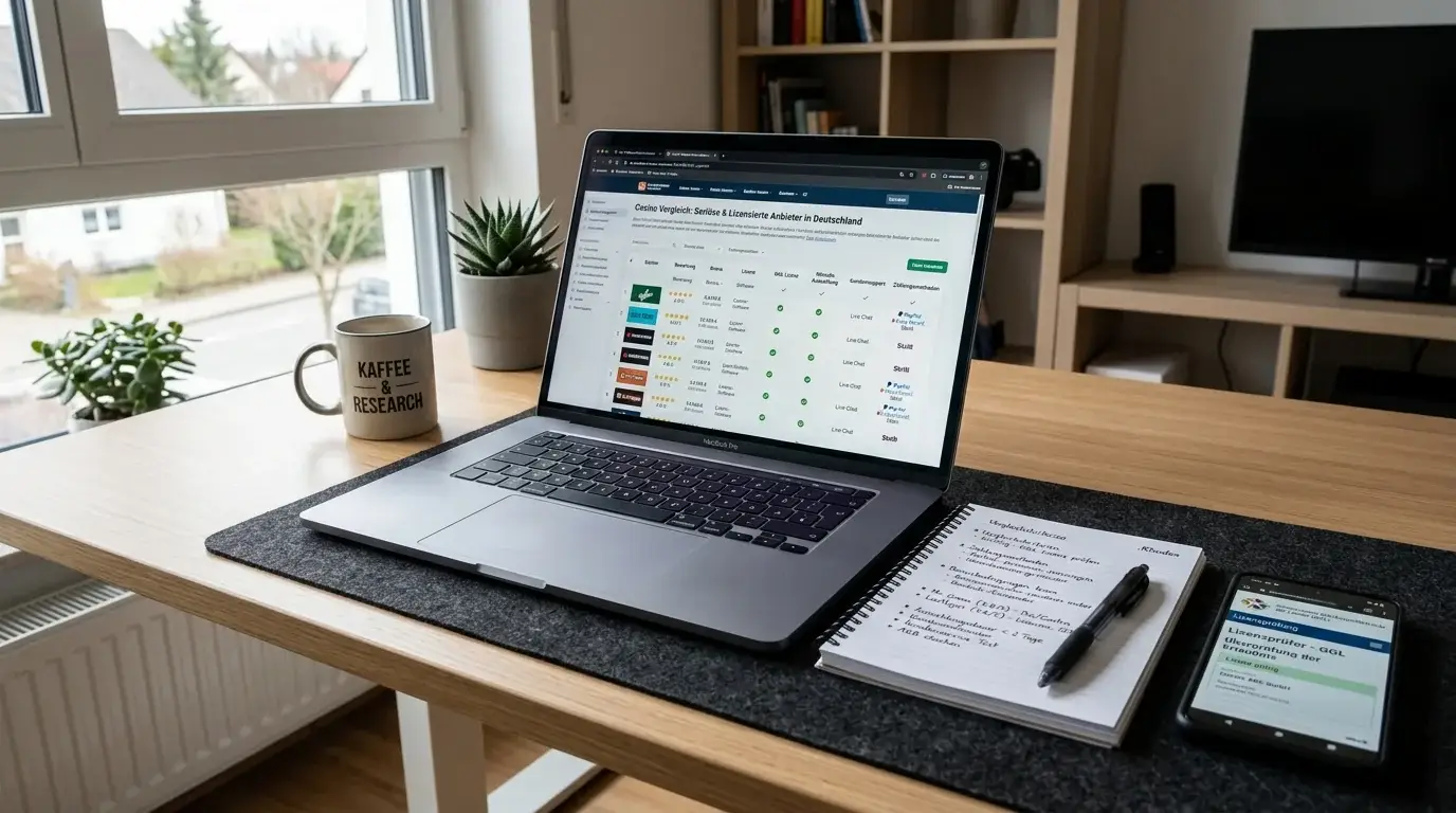 Laptop mit Casino-Vergleichsseite und Notizen zur Lizenzprüfung