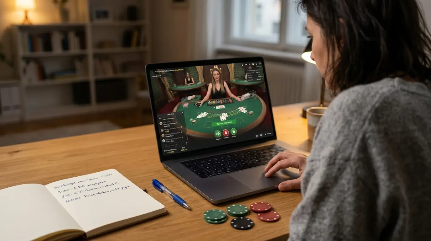 Spieler an einem Laptop mit neutraler Live-Casino-Tischansicht und Notizen