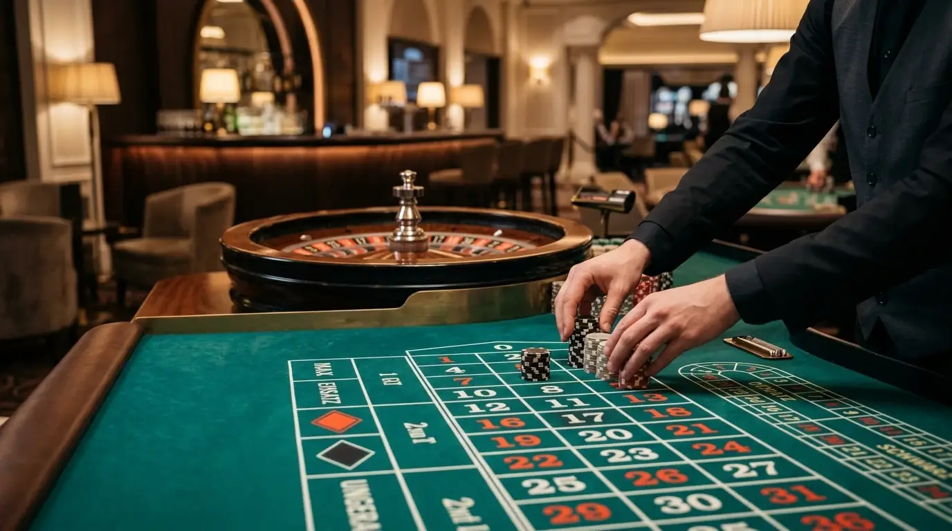 Live-Roulette-Tisch mit Croupier in professionellem Casino-Studio