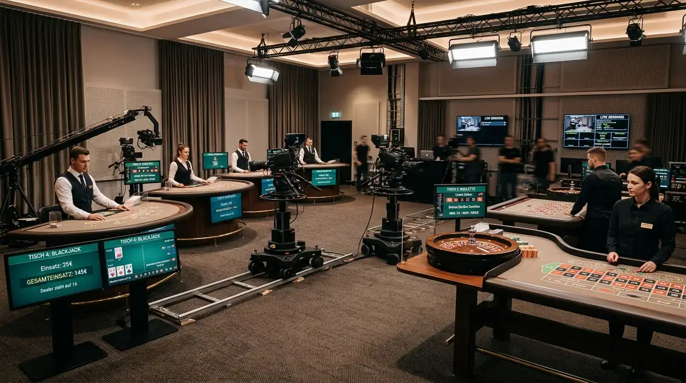 Mehrkamera-Studio für Live-Casino mit Roulette- und Blackjack-Tischen