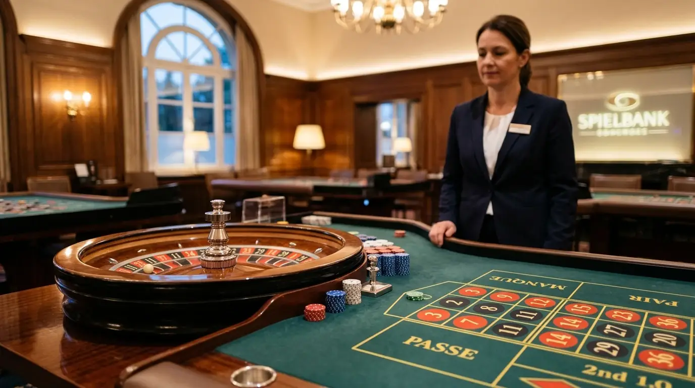 Live-Casino-Tisch mit Roulette-Rad und neutralem Dealer aus dezenter Perspektive