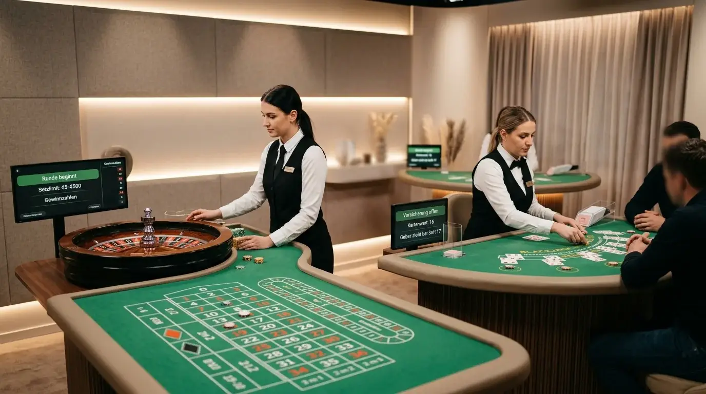Live-Roulette-Tisch mit sichtbarem Kessel und neutraler Studioausstattung