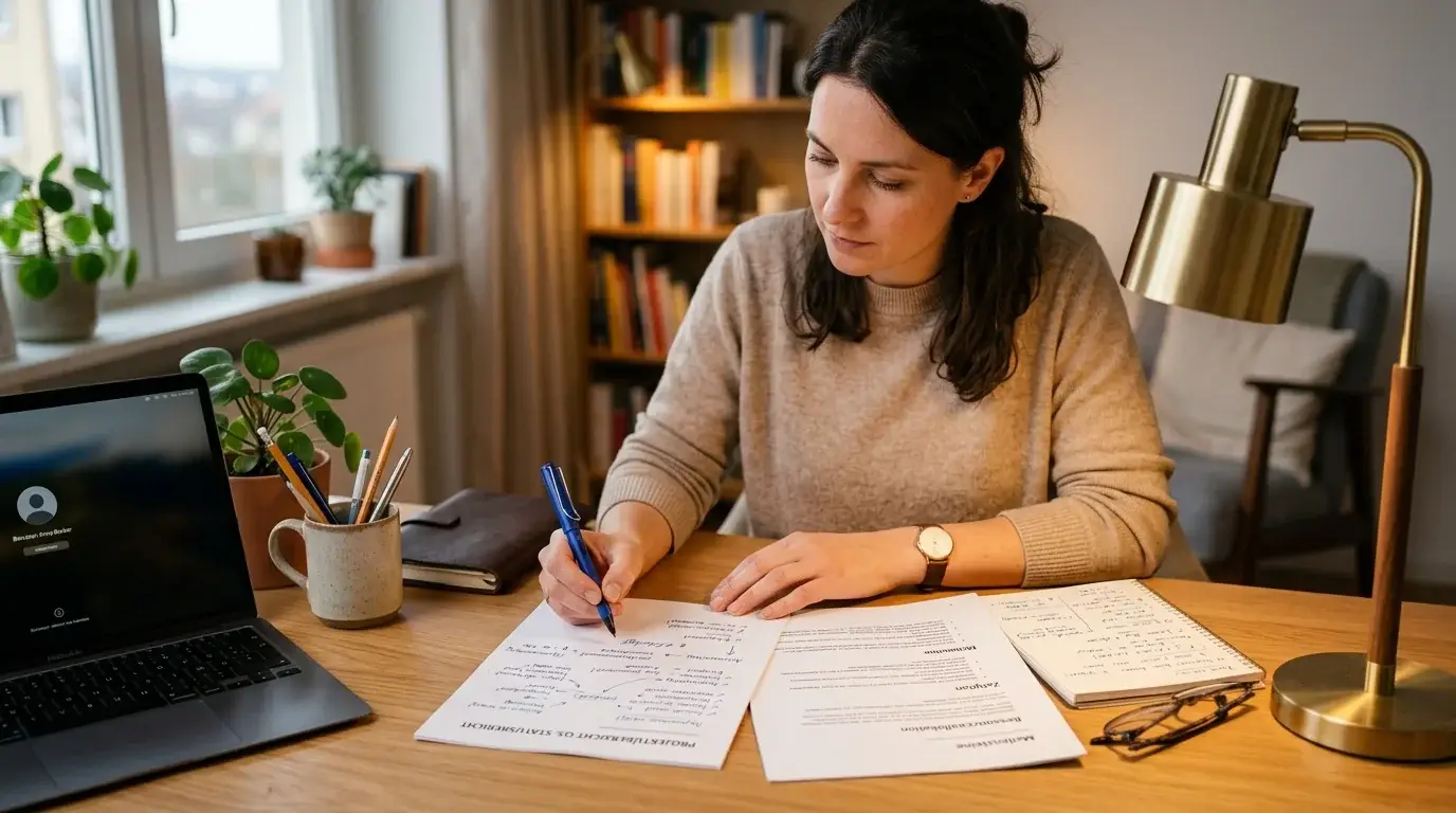 Person am Schreibtisch mit gedruckten Dokumenten und Notizzetteln