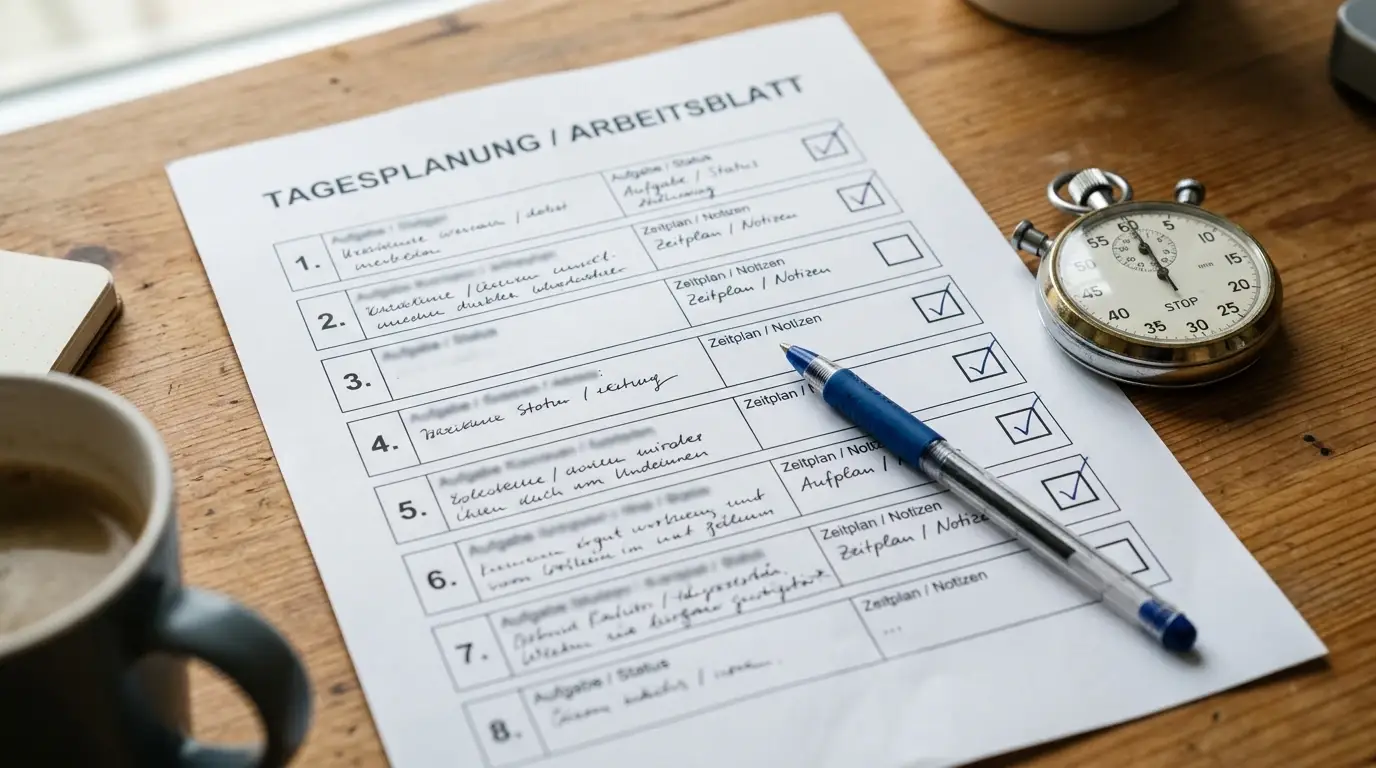 Ausgefülltes Arbeitsblatt mit acht Zeilen und Häkchen neben einer Stoppuhr