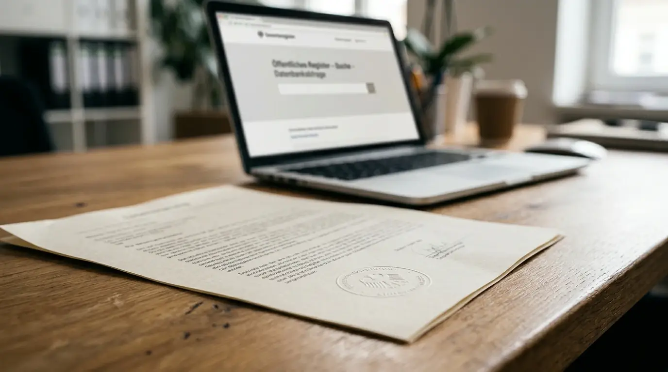 Aufgeschlagenes Lizenzdokument mit Siegel neben einem Laptop mit neutraler Registerseite