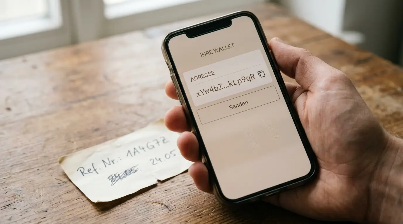 Smartphone mit Wallet-Ansicht und kopierter Adresse, daneben notierte Vorgangsnummer