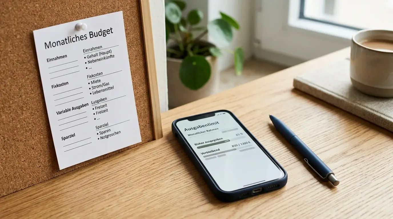 Tidy desk with a monthly deposit limit note and neutral mobile payment interface