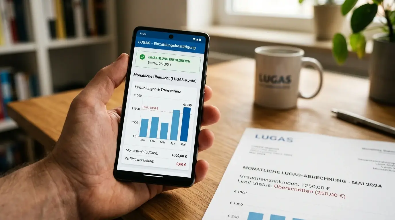 Nahaufnahme eines Smartphones mit LUGAS-Einzahlungsbestätigung und Monatsübersicht