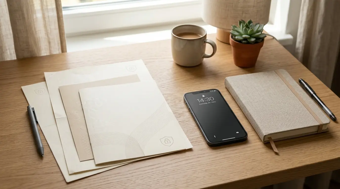 Neutrale Dokumente mit Schutzsymbolen neben Smartphone und Notizbuch