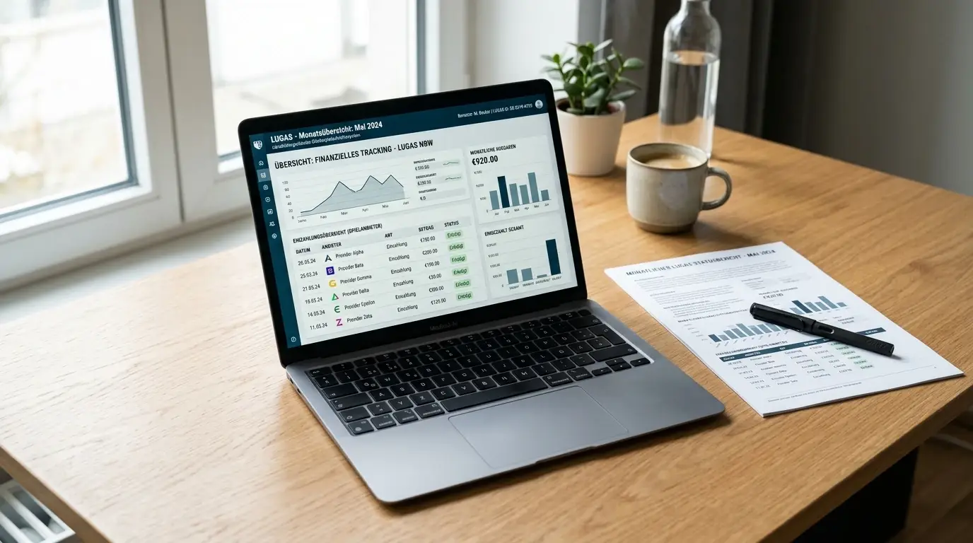 Schreibtisch mit Laptop und LUGAS-Dashboard mit Einzahlungsübersicht mehrerer Casinos