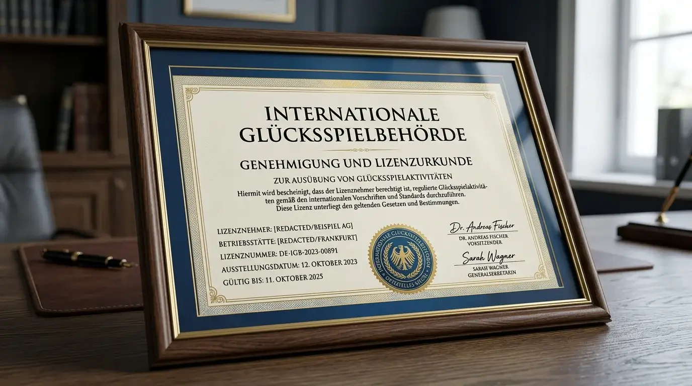Offizielles Lizenzdokument einer internationalen Glücksspielbehörde