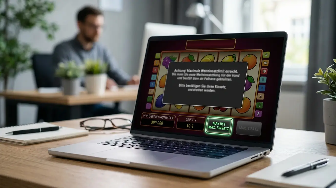 Slot-Interface mit hervorgehobener Höchsteinsatz-Warnung auf Bildschirm