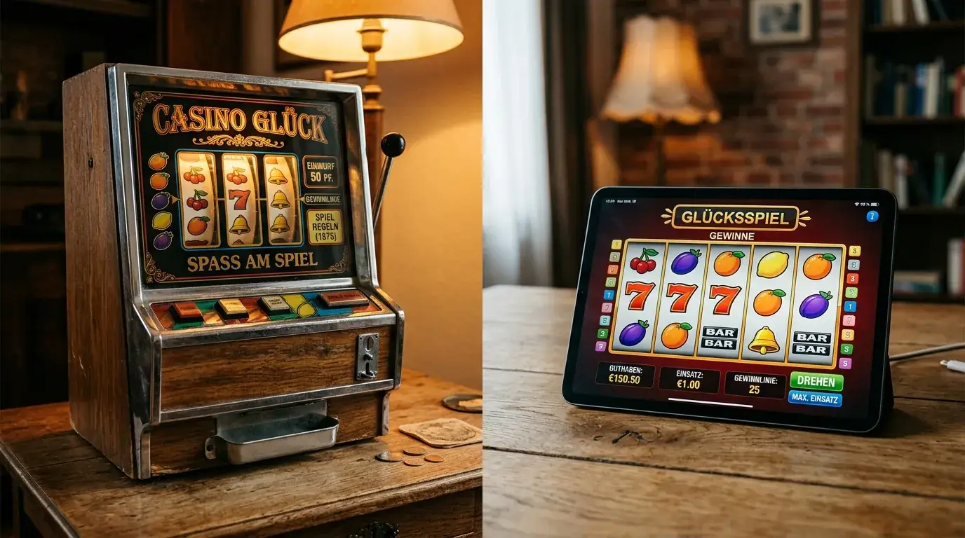 Klassischer Merkur Spielautomat neben modernem Tablet mit Online-Slot-Interface