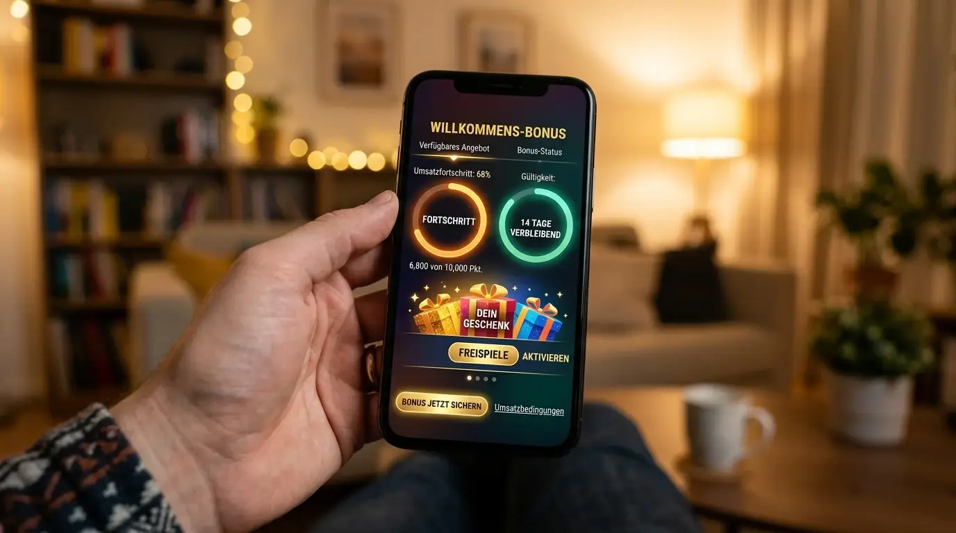 Hand mit Smartphone, das eine neutrale Casino-Bonusseite zeigt, warmes Licht