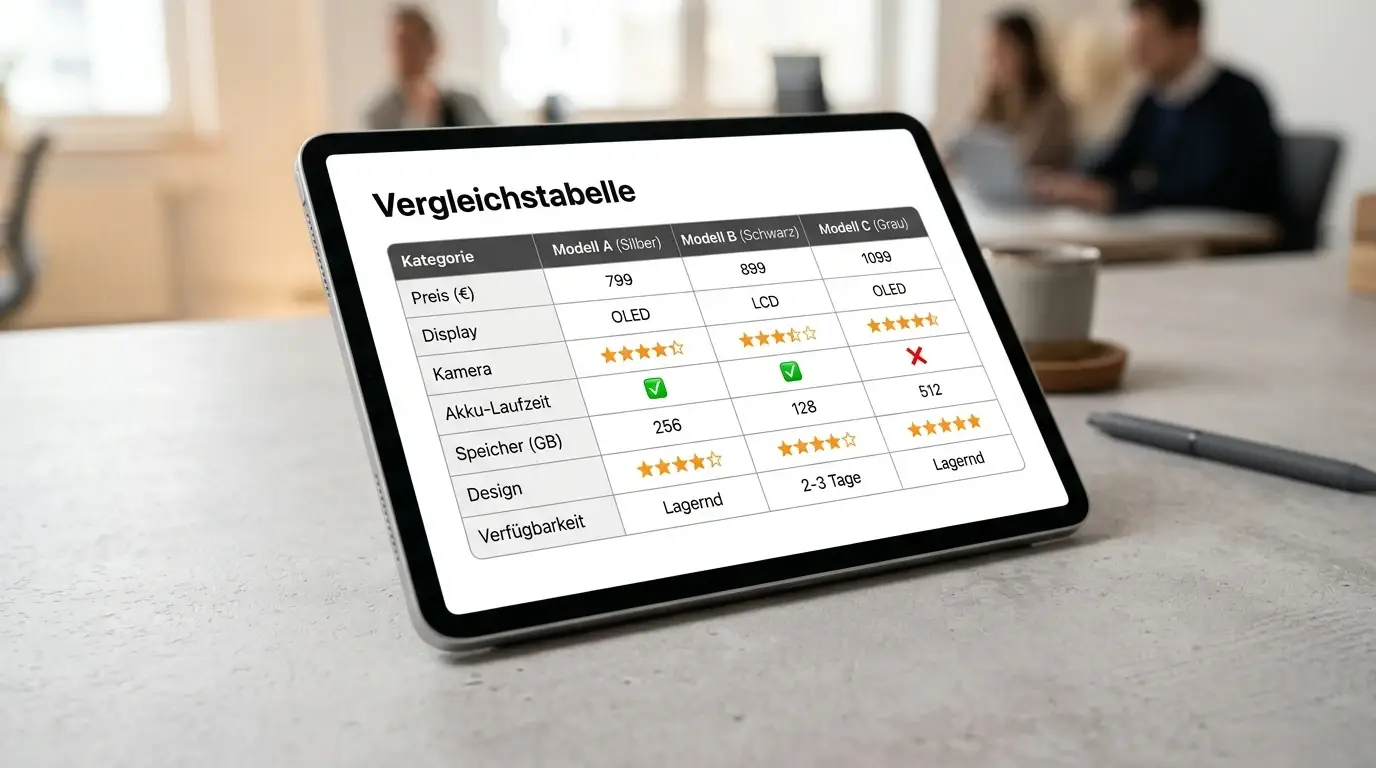 Vergleichstabelle auf einem Tablet-Bildschirm mit neutraler Casino-Oberfläche, keine Logos erkennbar