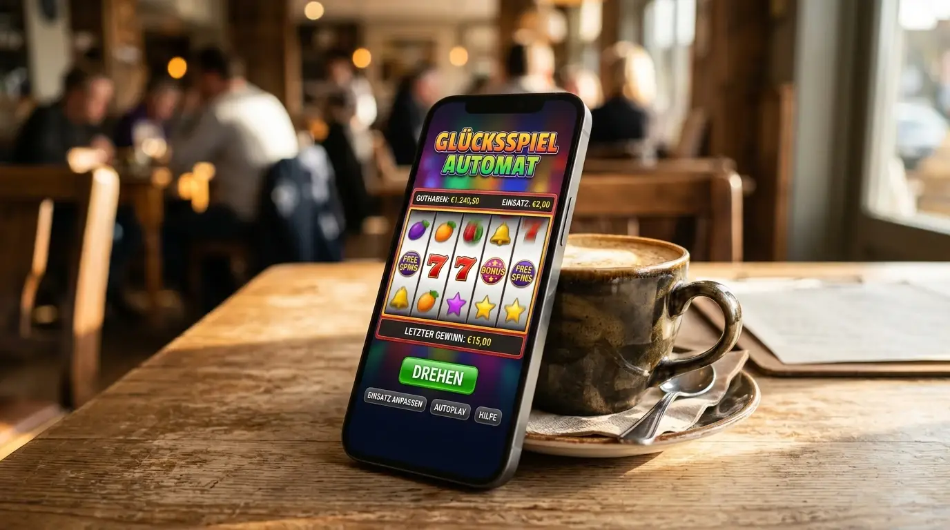 Smartphone mit generischer Spielautomaten-Oberfläche auf dem Display, entspannte Atmosphäre