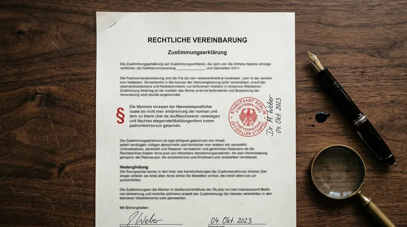 Ordentliches Dokument mit Stempel und Paragrafensymbol auf einem Holztisch, neutrale Beleuchtung