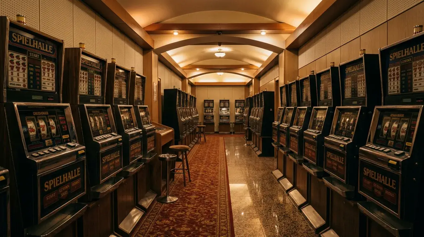 Leere Spielhalle mit warmem Licht und klassischen Automatengehäusen, keine Marken erkennbar