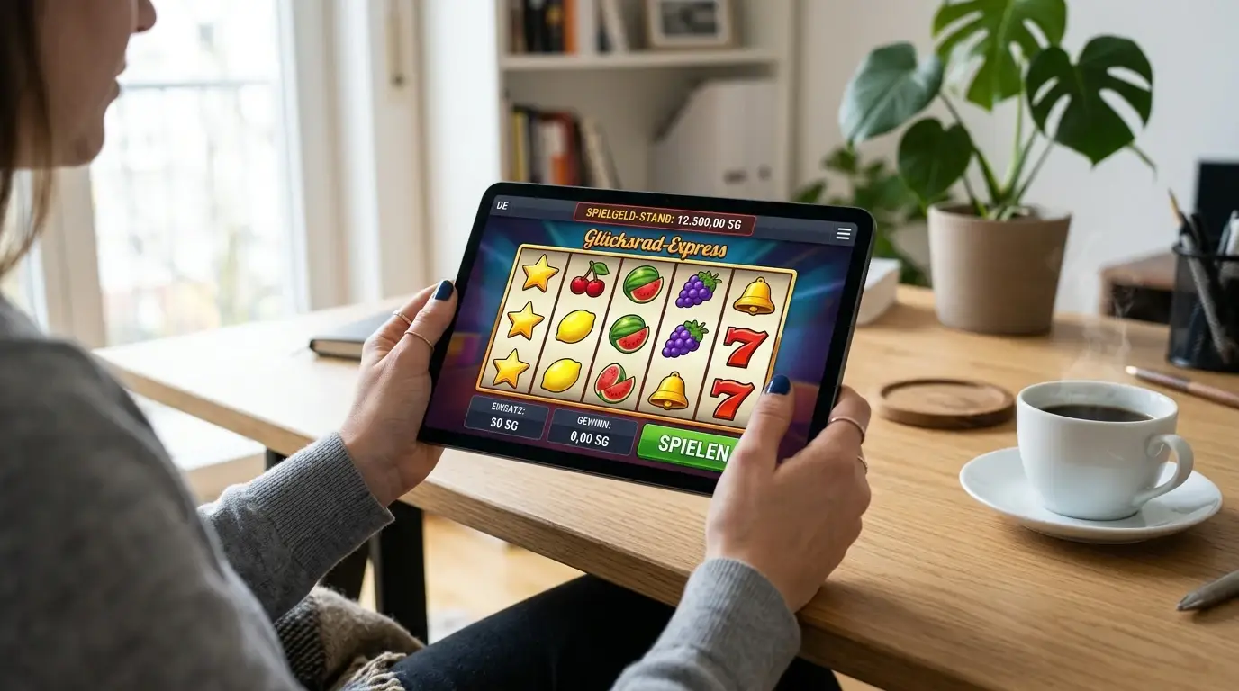 Person testet Merkur Slot im Demo-Modus auf Tablet ohne Echtgeld-Einsatz