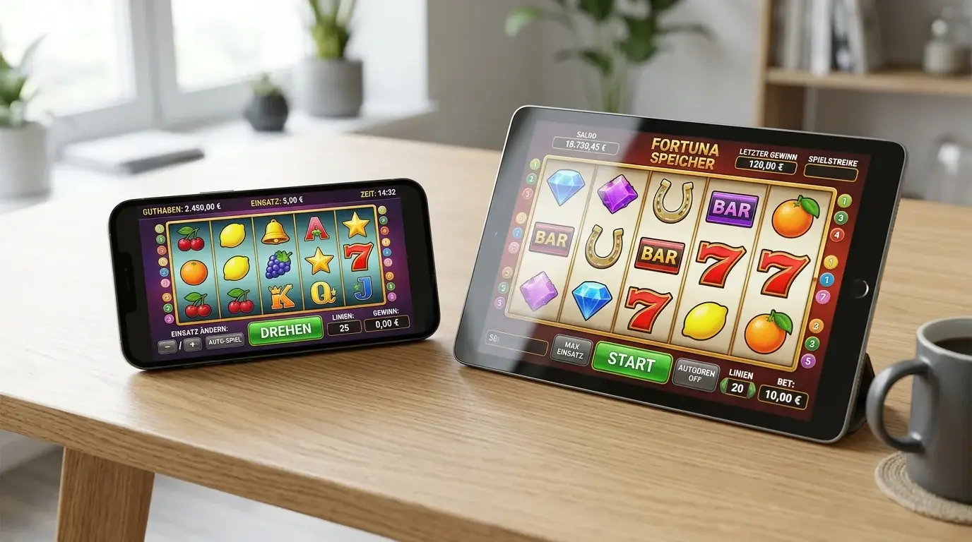 Smartphone und Tablet zeigen Merkur Slots in mobiloptimierter Darstellung