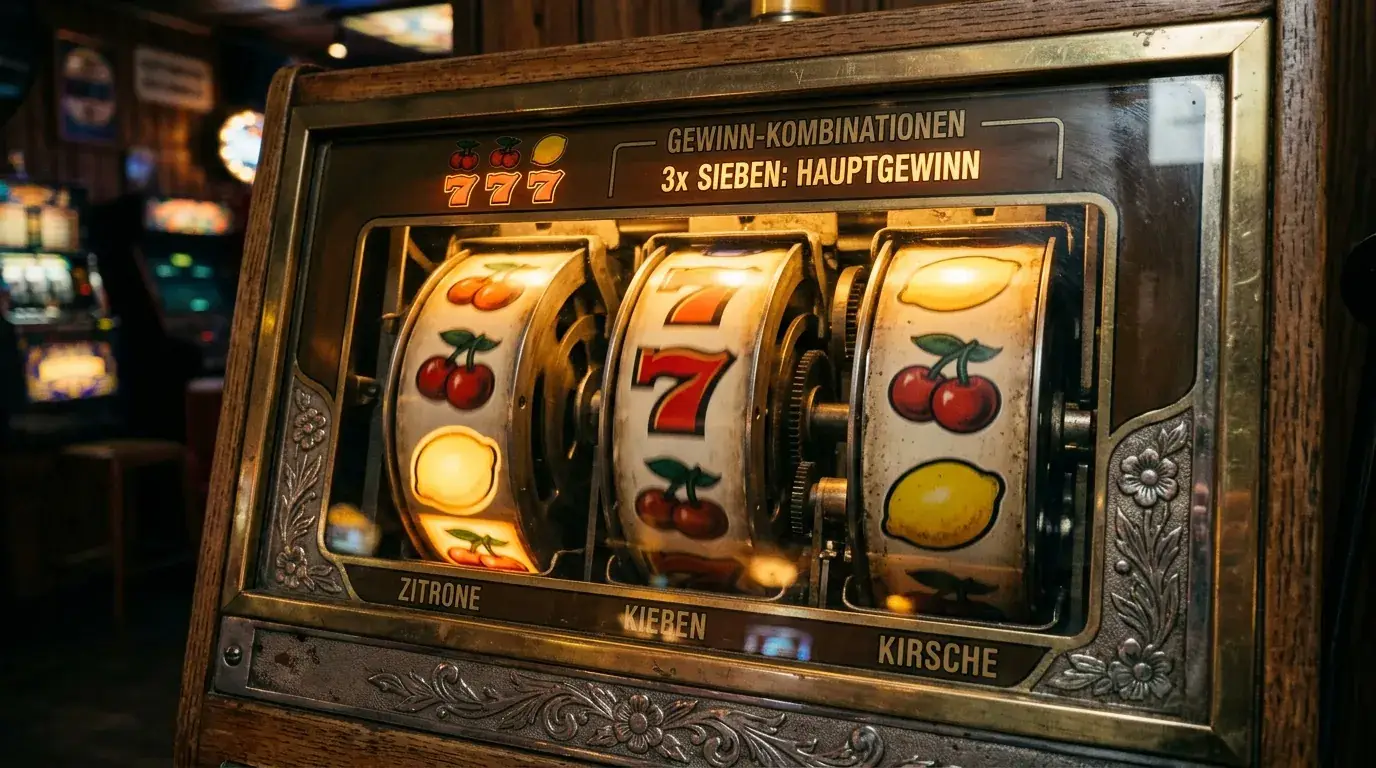 Nahaufnahme von drei klassischen Früchte-Symbolen auf generischen Spielautomaten-Walzen, keine Markenlogos