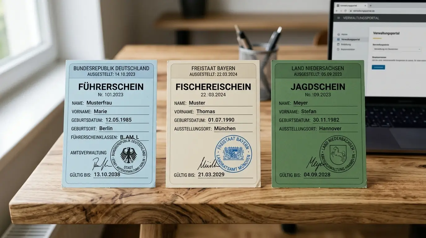 Drei neutrale Lizenzdokumente verschiedener Farben nebeneinander auf Schreibtisch