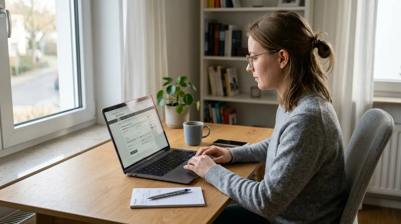 Person am Laptop mit dem offiziellen MGA-Lizenzregister auf dem Bildschirm
