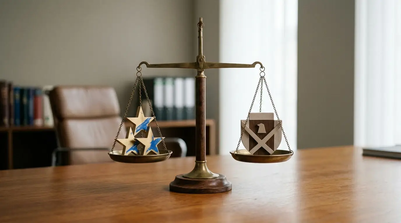 Waage mit EU-Sternen auf der einen und deutschem Bundesadler auf der anderen Seite