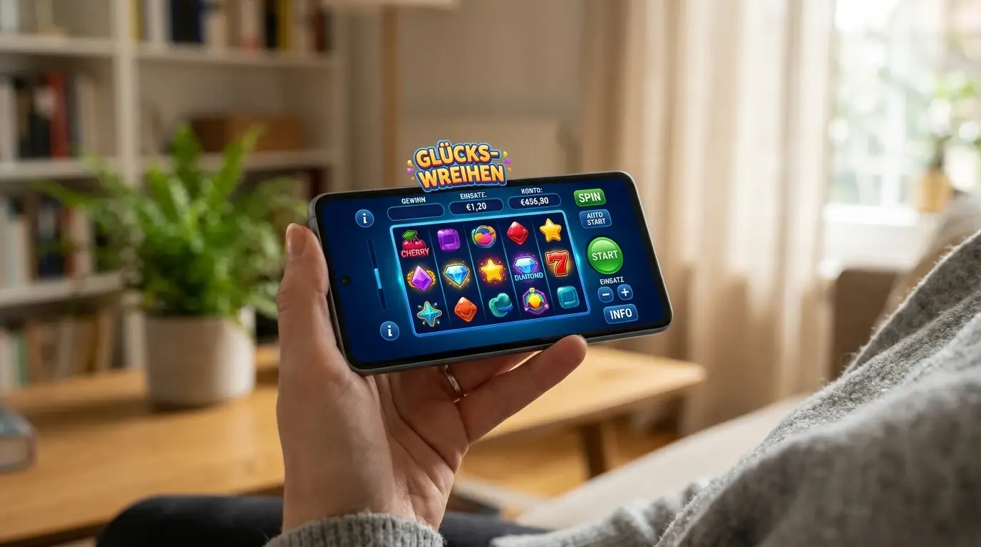 Hand hält Smartphone mit geöffnetem Spielautomaten in einer neutralen App-Ansicht