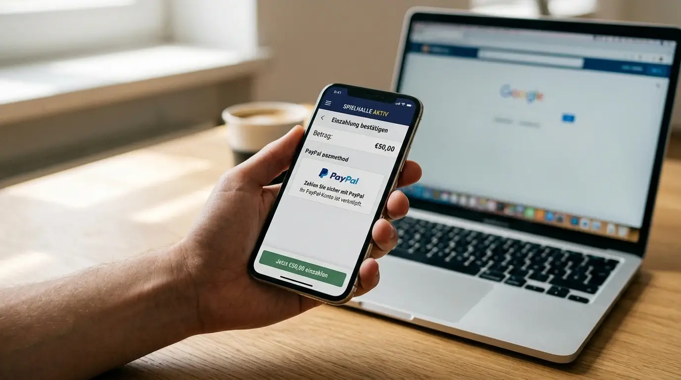 Smartphone in der Hand mit geöffneter Casino-App und PayPal-Zahlungsbildschirm