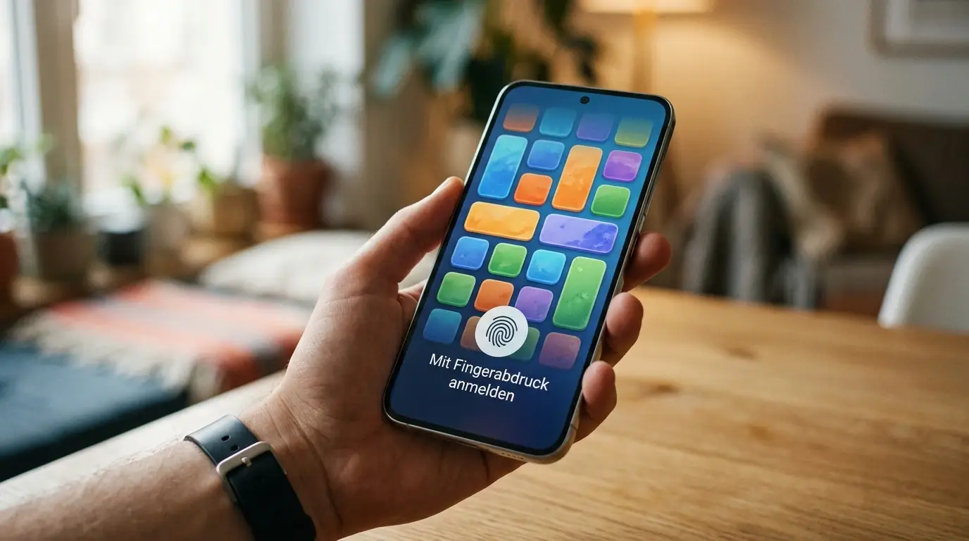 Smartphone in einer Hand mit sichtbar geöffnetem Casino-Interface und biometrischem Entsperrsymbol