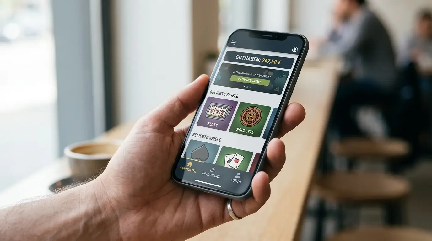 Hand hält Smartphone mit geöffneter Casino-App und eingeblendetem Guthaben