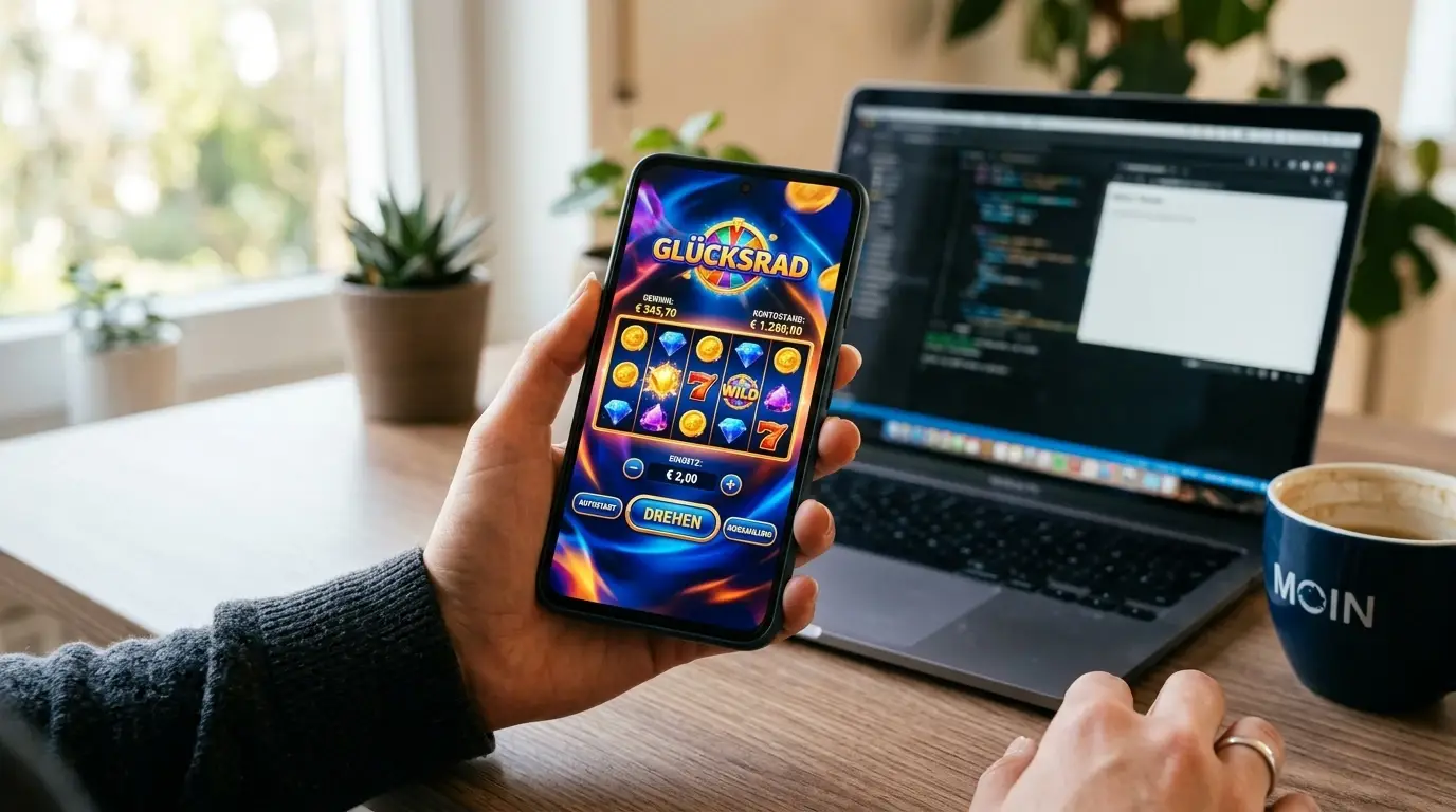 Smartphone mit Casino-App und Slot-Spielbildschirm neben Laptop