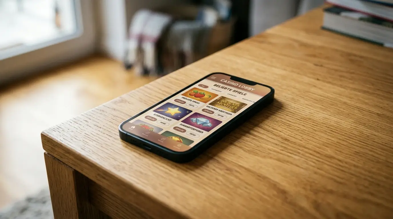 Smartphone mit neutraler Casino-Lobby auf modernem Holztisch ohne Markenzeichen
