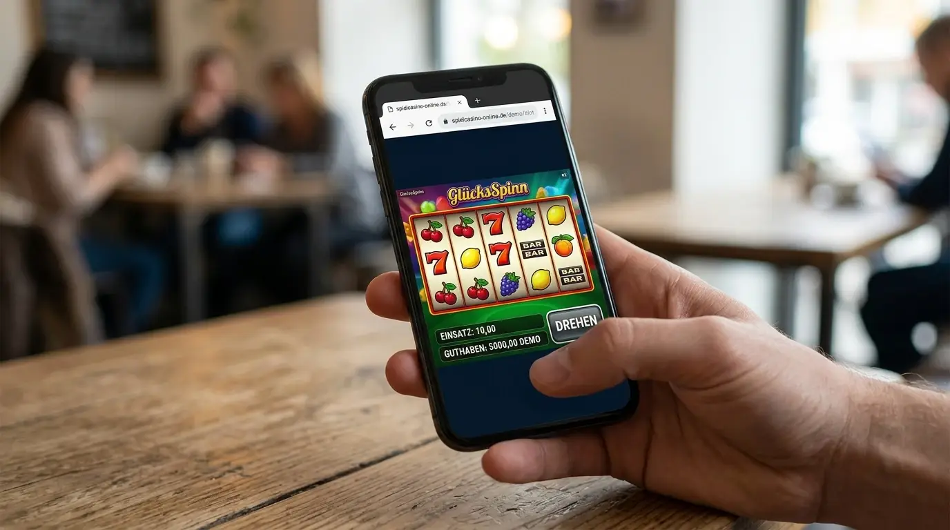 Smartphone in der Hand zeigt Casino-Demo im mobilen Browser mit sichtbaren Walzen