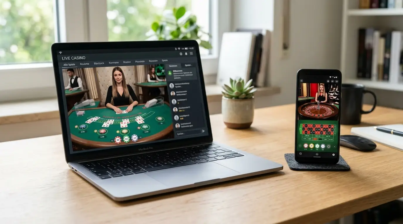Smartphone und Laptop mit neutraler Live-Casino-Übertragung im Browser