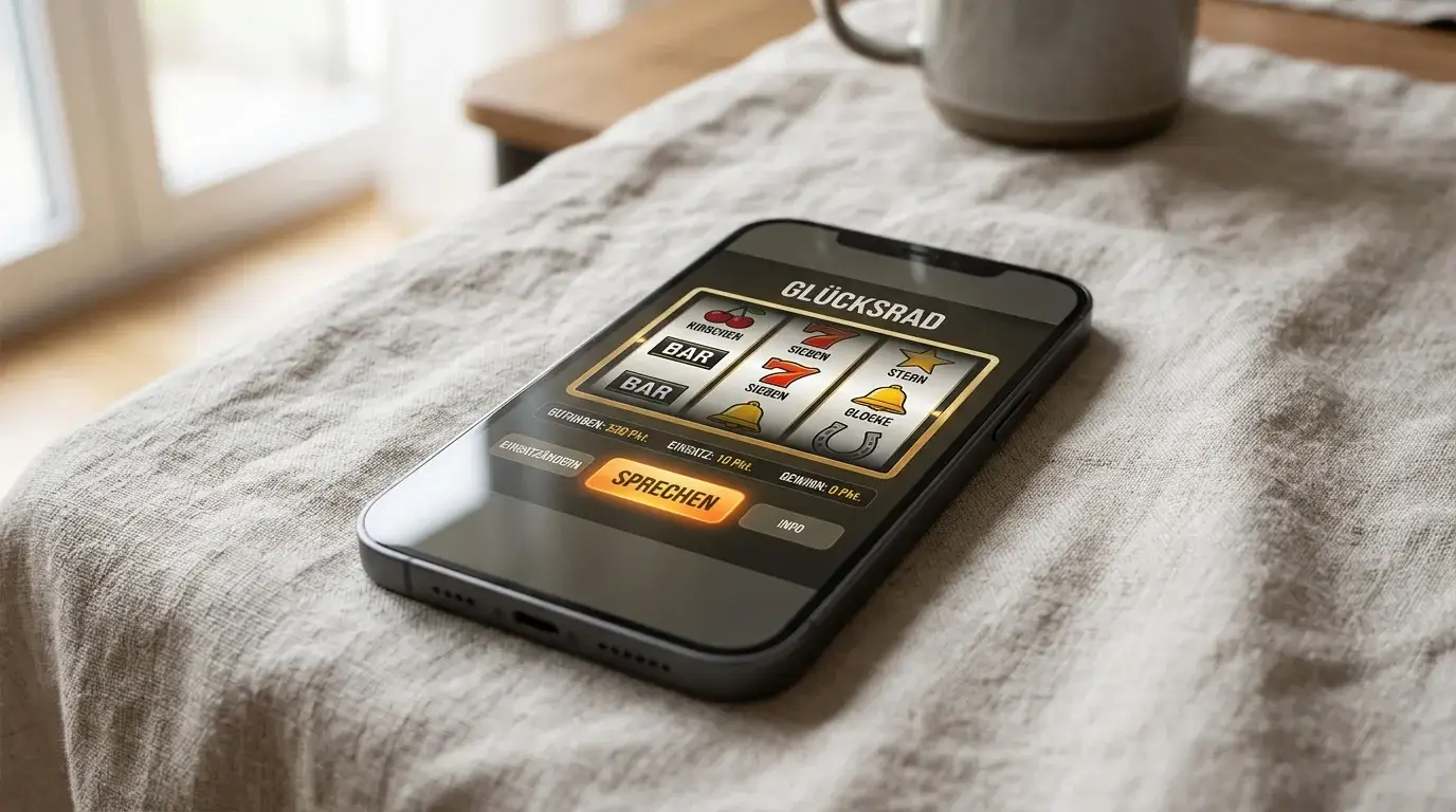 Smartphone mit generischer Spielautomaten-Oberfläche auf einer hellen Unterlage