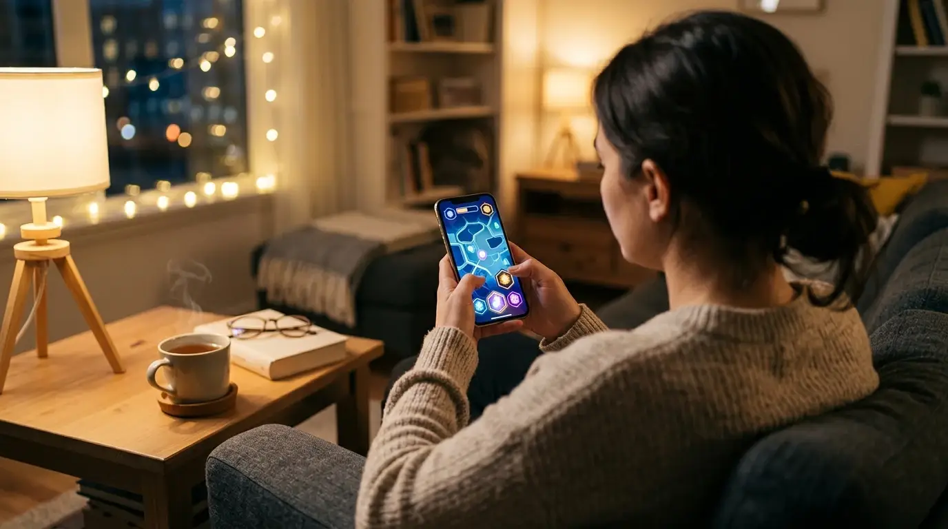Person sitzt auf einem Sofa und hält ein Smartphone mit abstrakter Gaming-Oberfläche, daneben eine Teetasse
