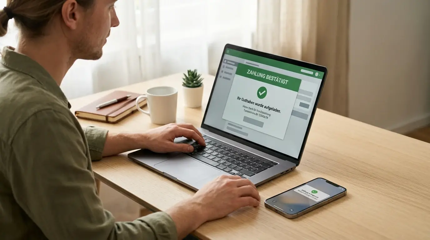 Schrittweise Neteller-Einzahlung am Laptop mit neutralem Bestätigungsbildschirm