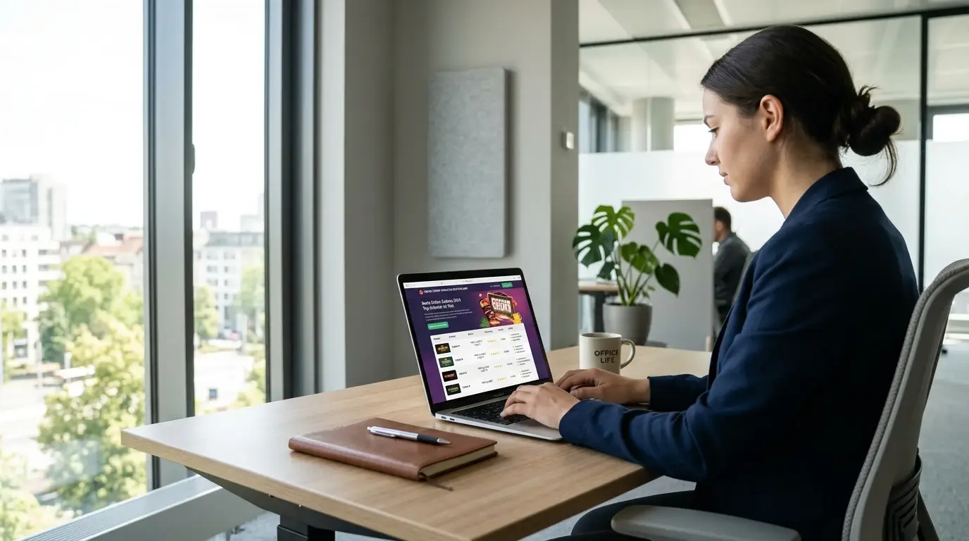 Modernes Büro mit Laptop und Casino-Vergleichswebsite auf dem Bildschirm