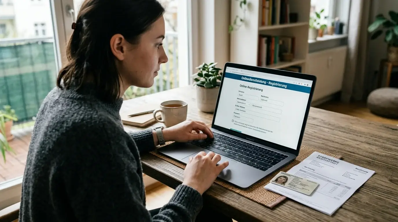 Laptop mit Registrierungsformular und Verifizierungsdokumenten