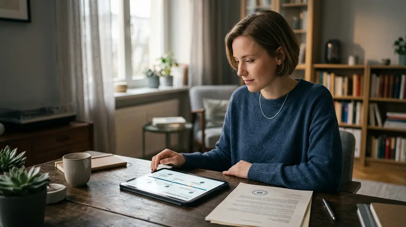 Person betrachtet Zeitplan auf einem Tablet neben einem gestempelten Dokument