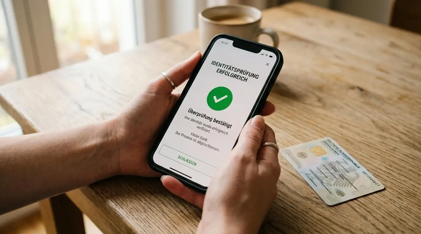 Smartphone mit digitaler Identitätsprüfung und Personalausweis auf dem Schreibtisch