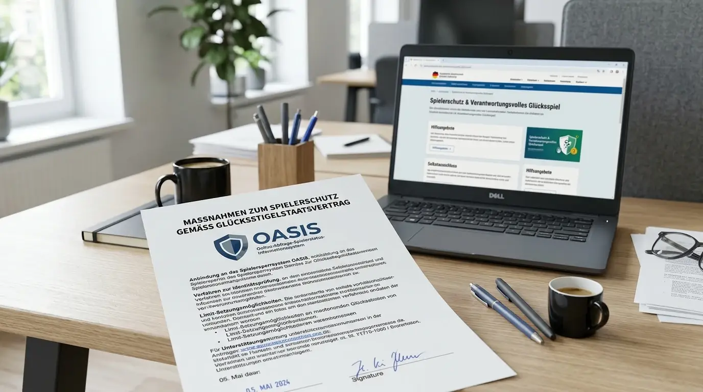 OASIS-Sperrsystem-Dokument mit Spielerschutz-Logo auf Schreibtisch